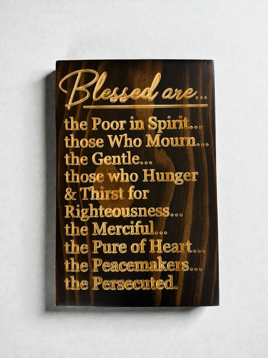 Carved Beatitudes wood sign featuring Matthew 5 scripture with dark stained background and natural raised lettering, 9x14 Christian wall decor by CARVEDN