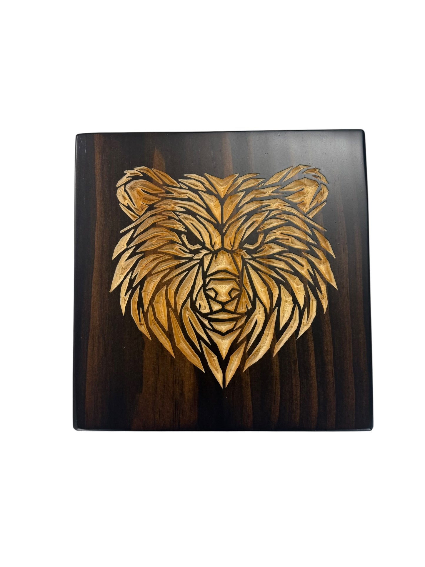 Geometric bear wall art carved into solid wood with Kona stain and natural wood bear design from the CARVEDN Timber Apex collection
