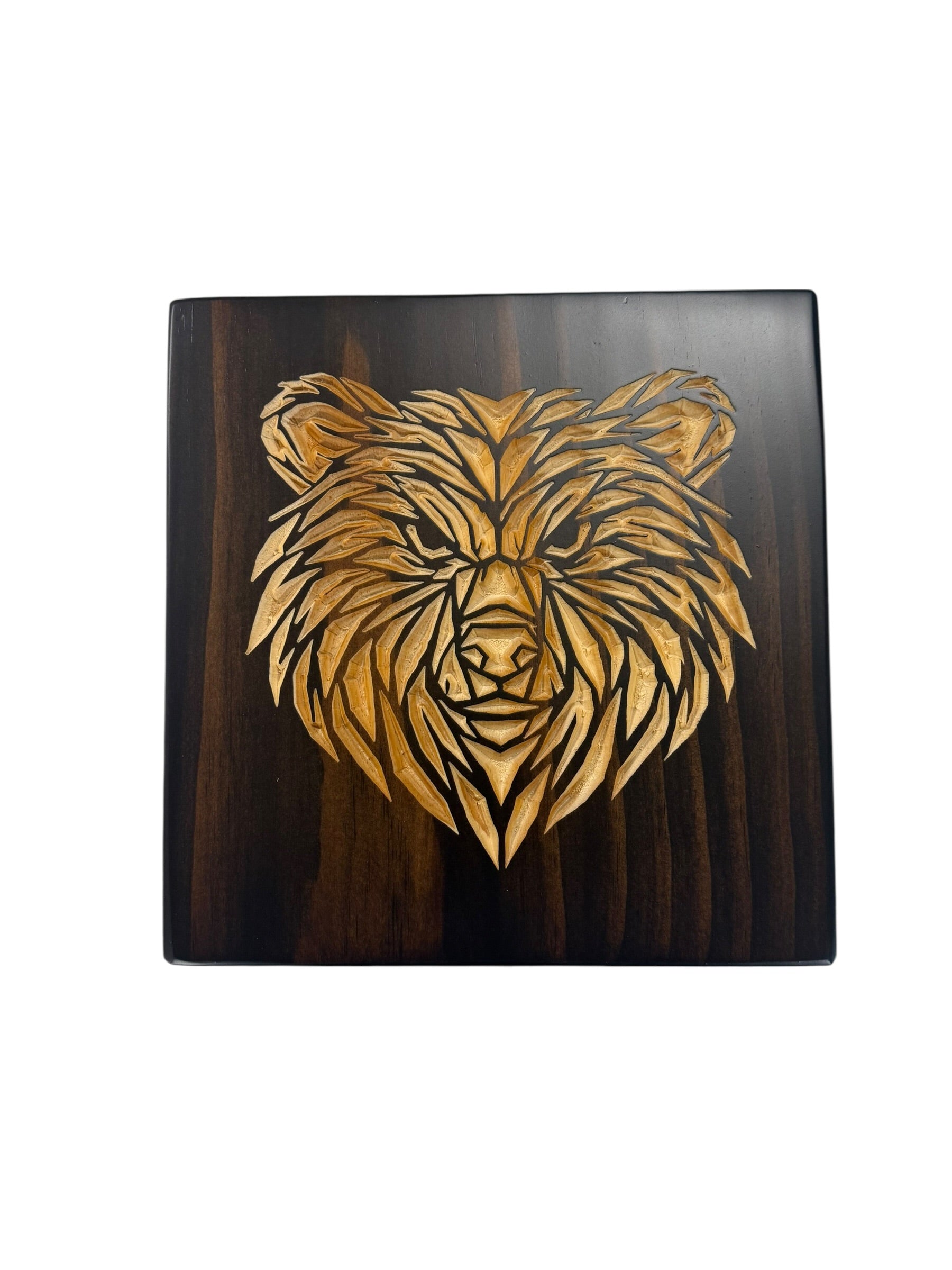 Geometric bear wall art carved into solid wood with Kona stain and natural wood bear design from the CARVEDN Timber Apex collection