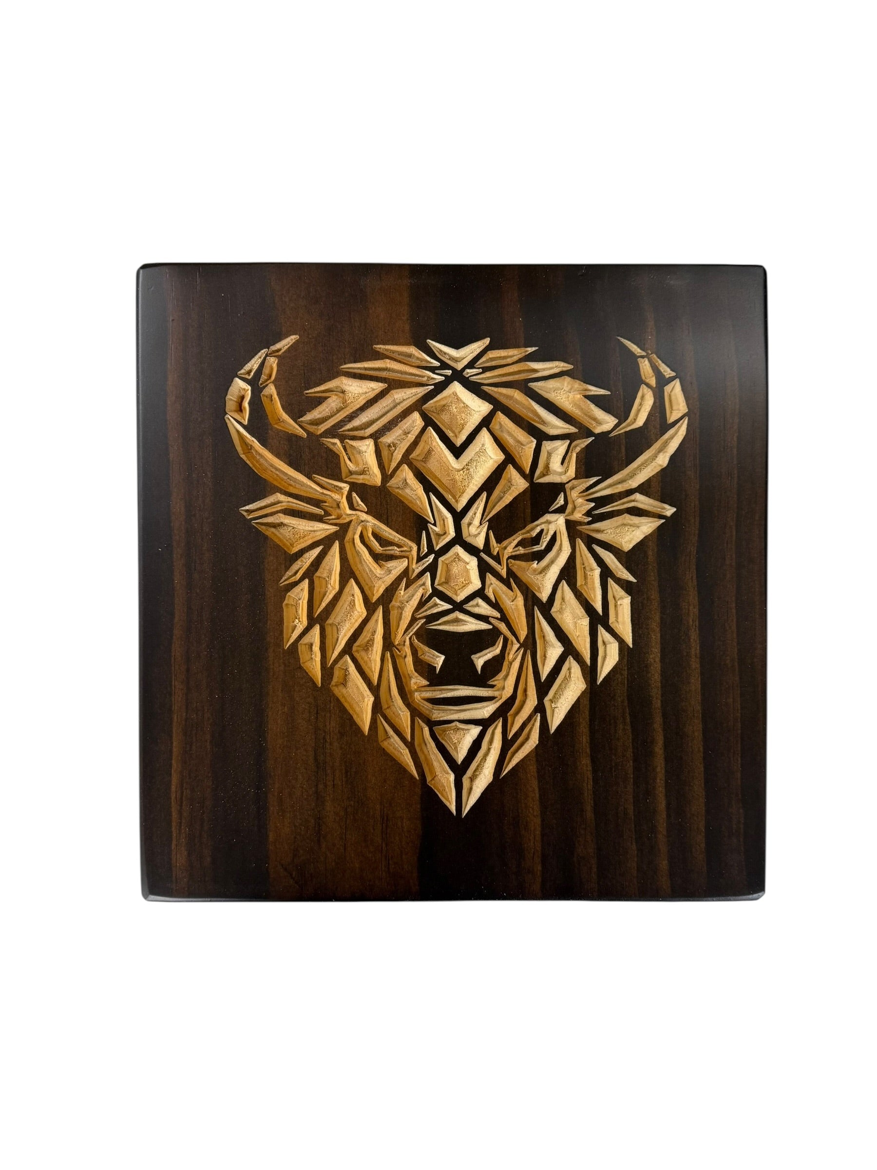 Geometric bison wall art carved into solid wood with Kona stain and natural wood bison design from the CARVEDN Timber Apex collection