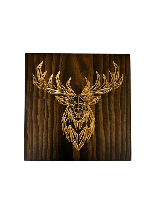 Geometric elk wall art carved into solid wood with Kona stain and natural wood elk design from the CARVEDN Timber Apex collection