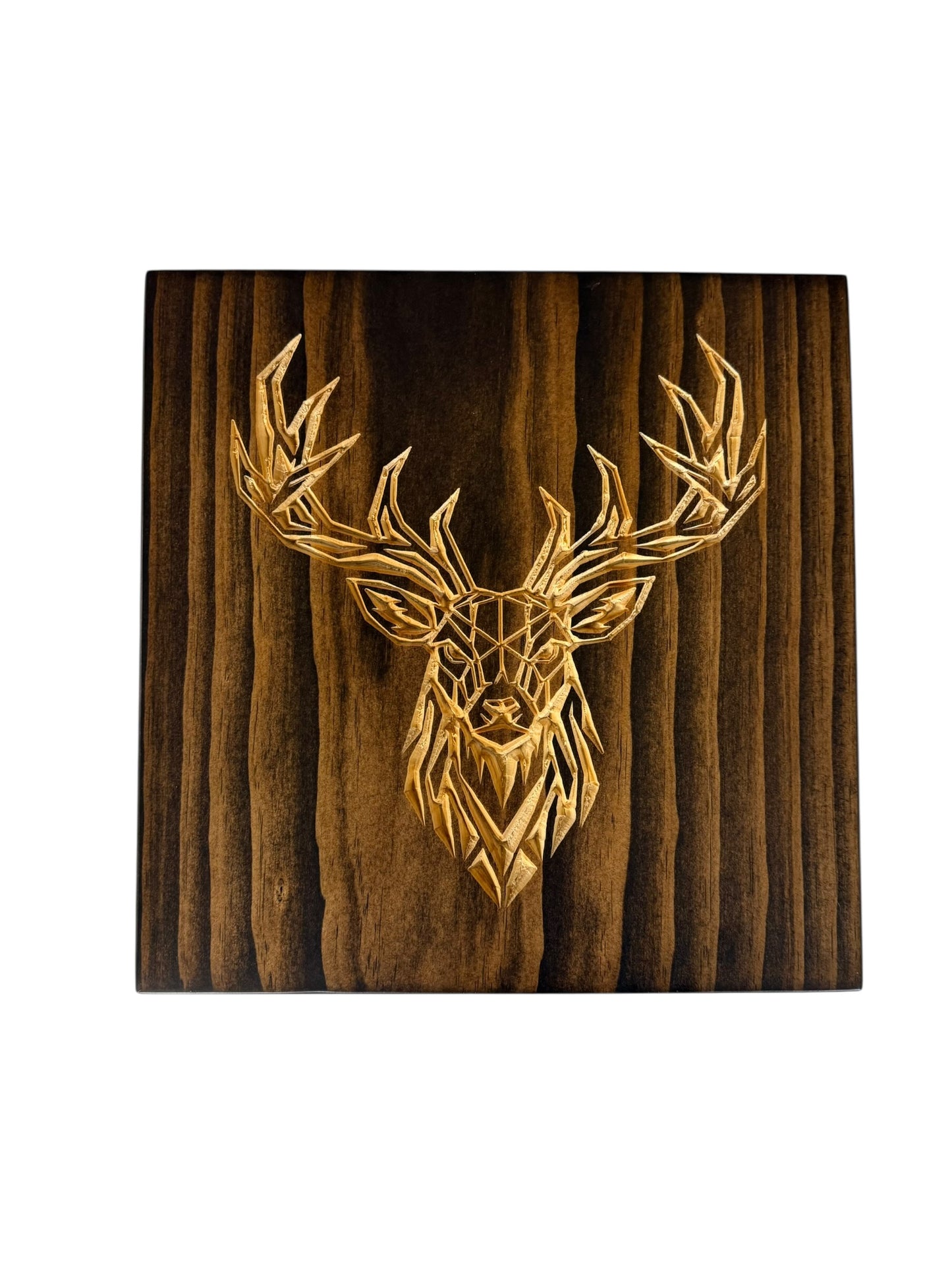 Geometric whitetail deer wall art carved into solid wood with Kona stain and natural wood deer design from the CARVEDN Timber Apex collection