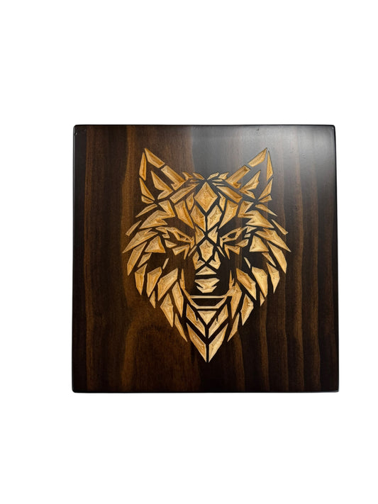Geometric wolf wall art carved into solid wood with Kona stain and natural wood wolf design from the CARVEDN Timber Apex collection