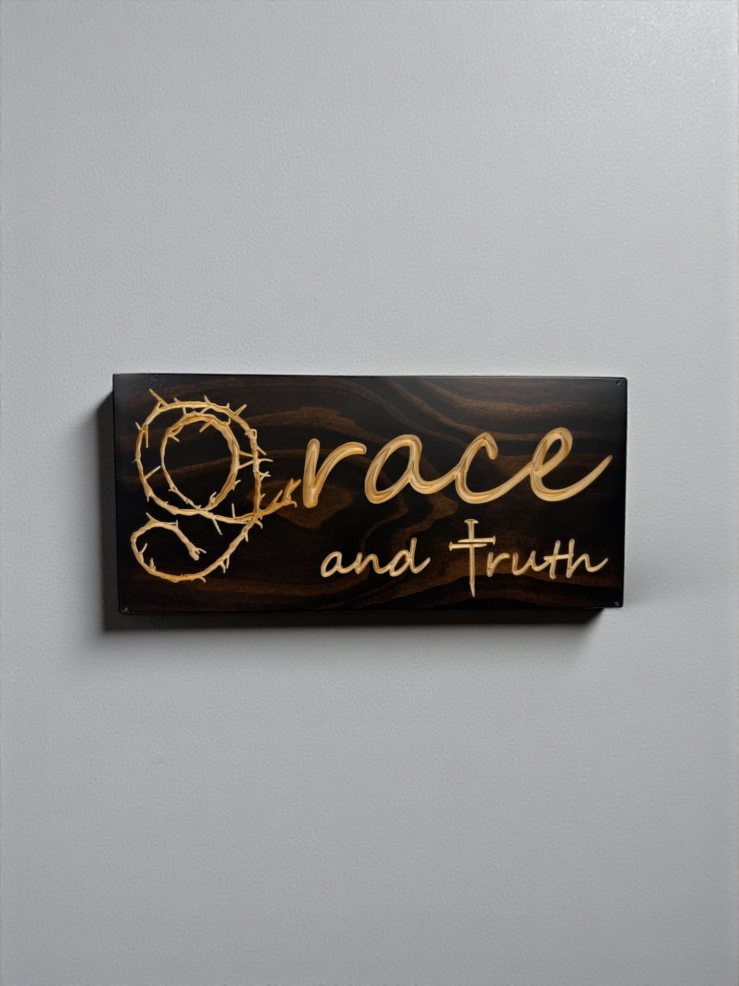 Grace and Truth carved wood sign in Kona stain with crown of thorns and nail cross design
