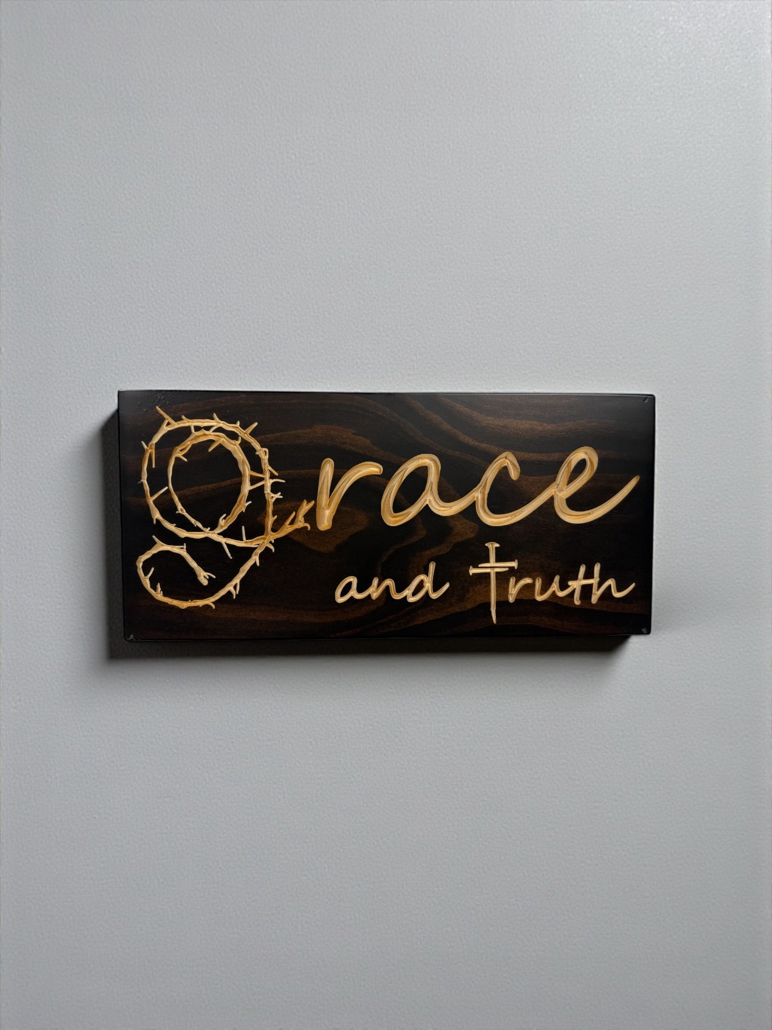 Grace and Truth carved wood sign in Kona stain with crown of thorns and nail cross design
