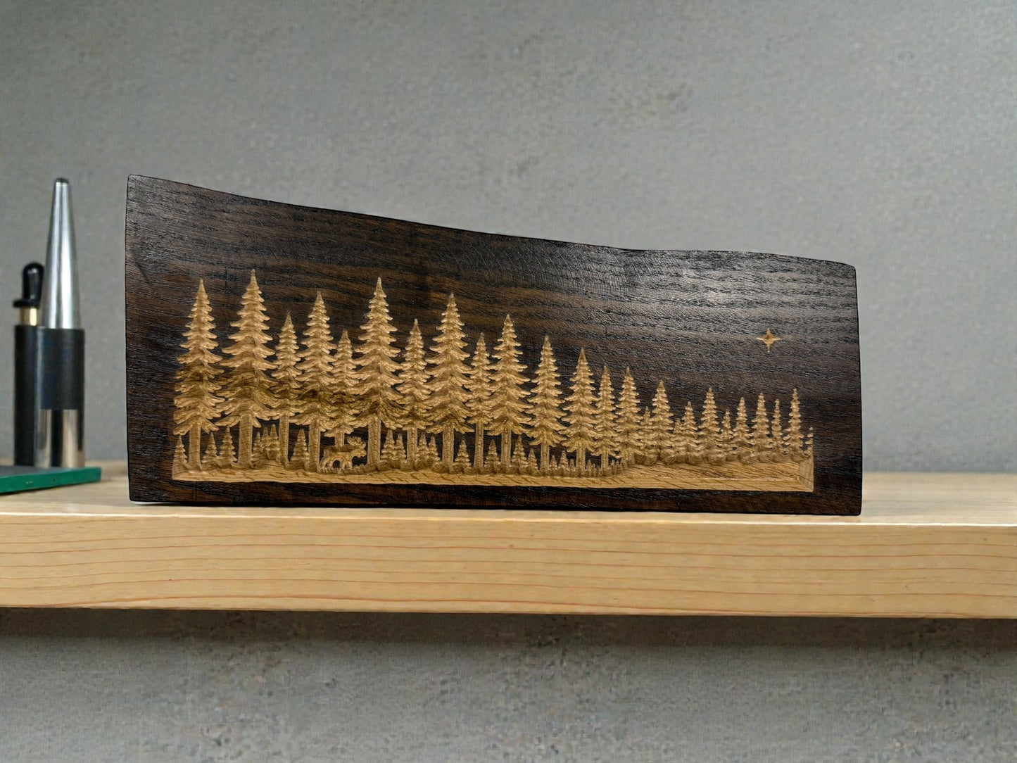 Silent Shore Pines — Live Edge Forest Shelf Art with Hidden Moose
