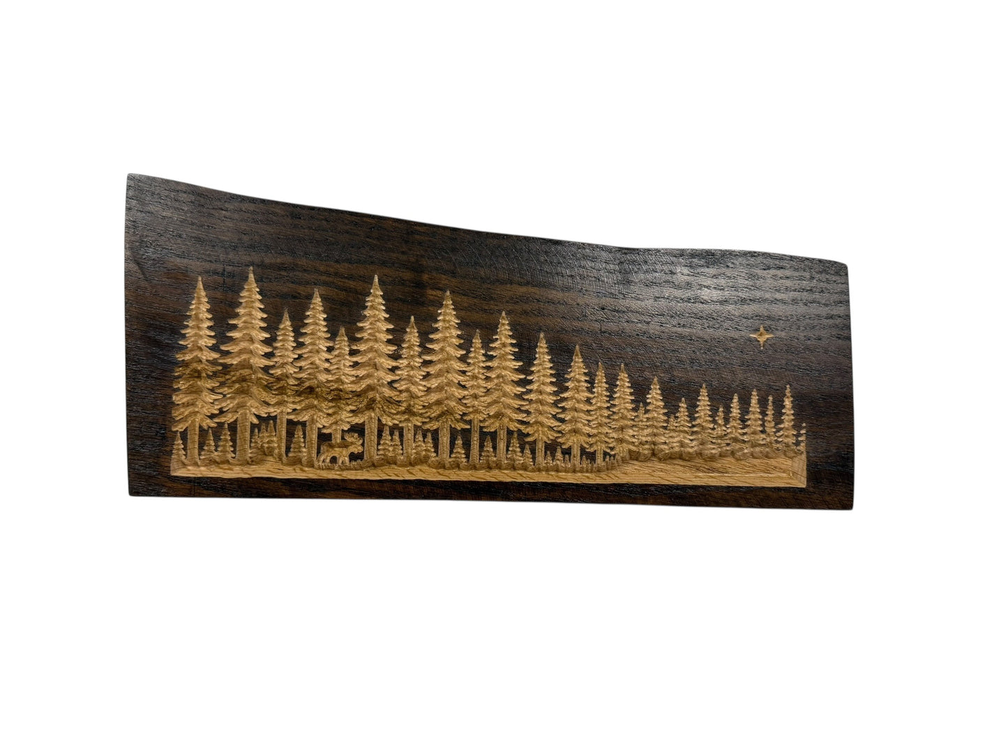Silent Shore Pines — Live Edge Forest Shelf Art with Hidden Moose