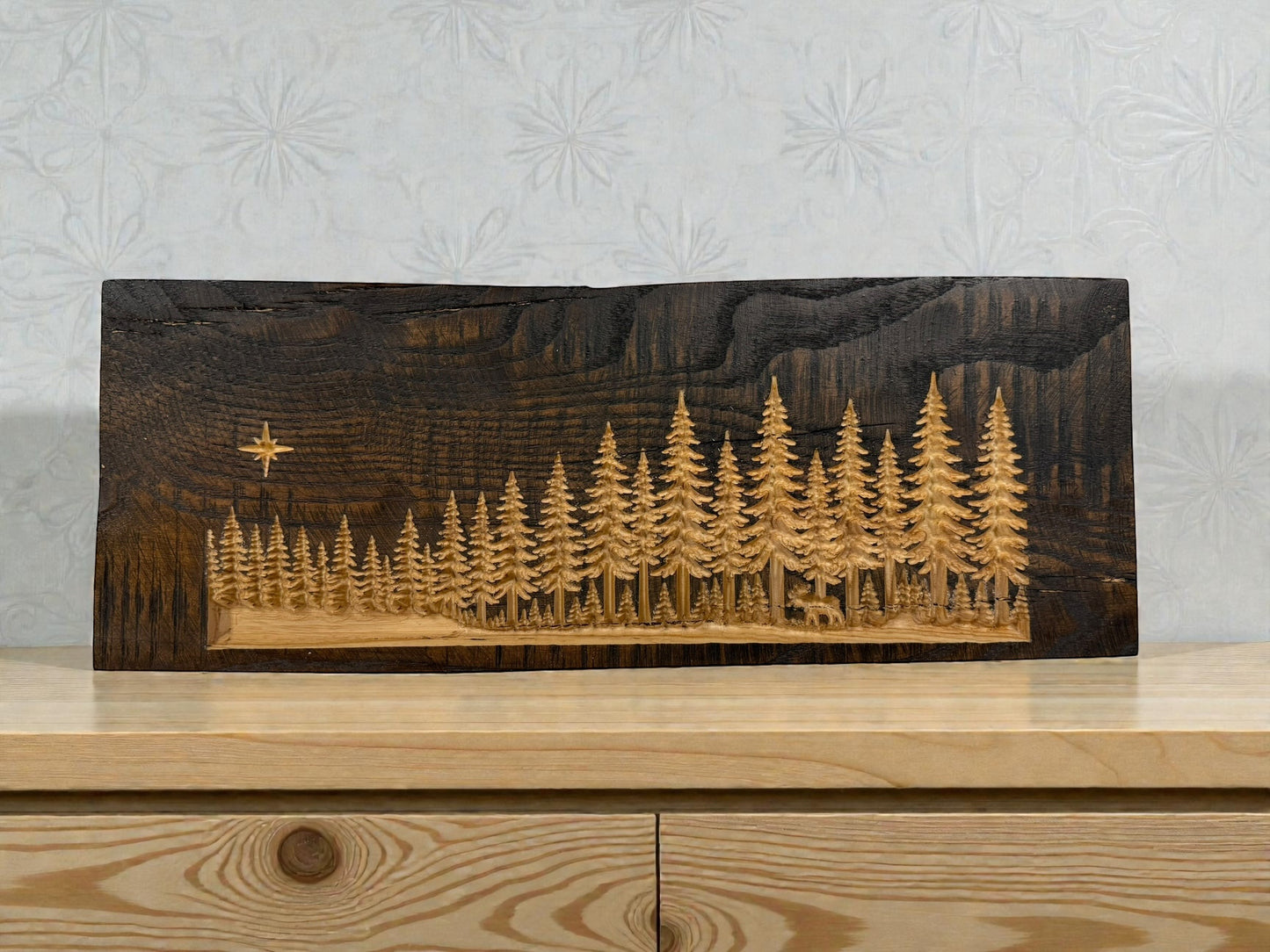 Silent Shore Pines — Live Edge Forest Shelf Art with Hidden Moose
