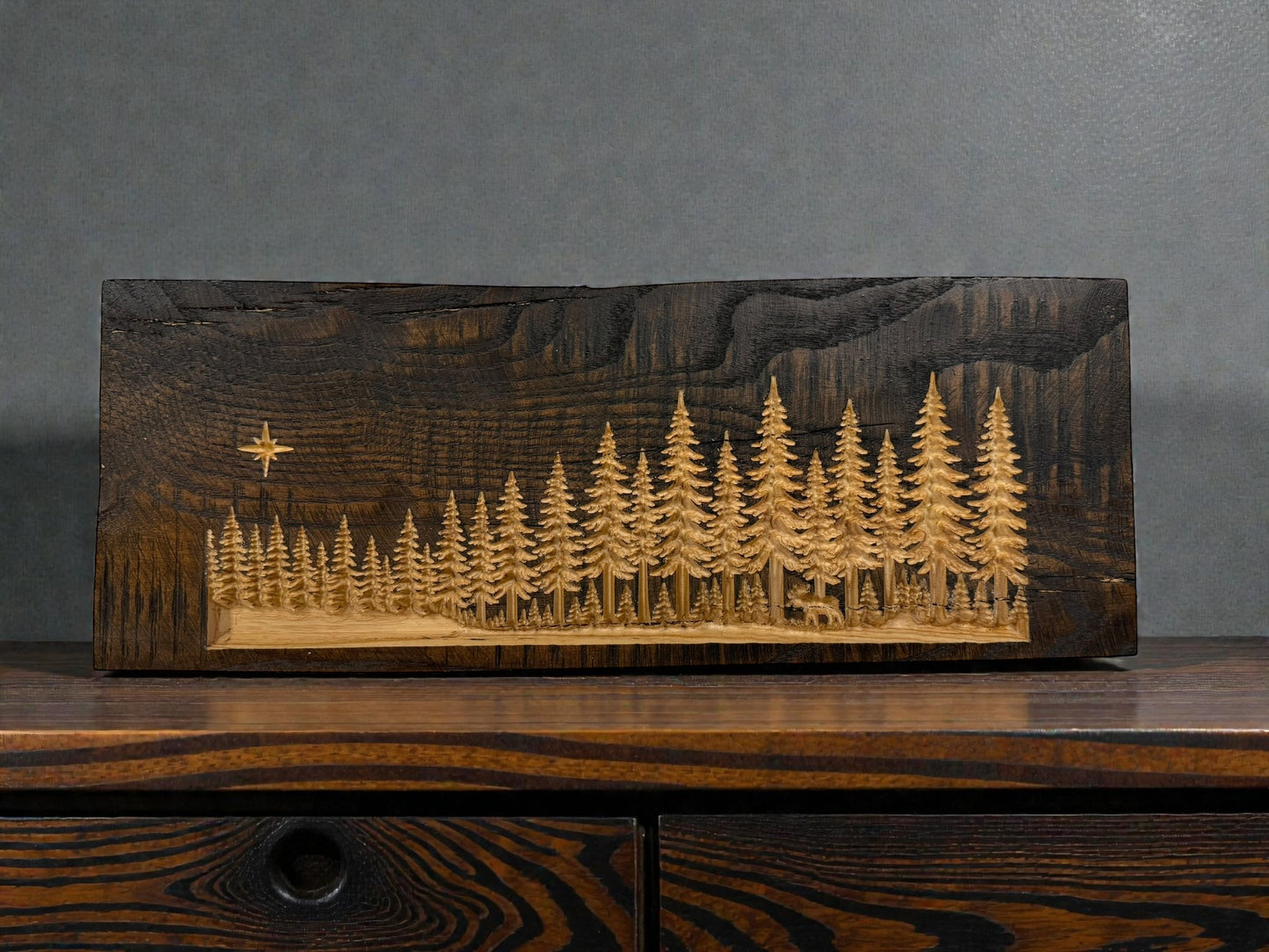 Silent Shore Pines — Live Edge Forest Shelf Art with Hidden Moose