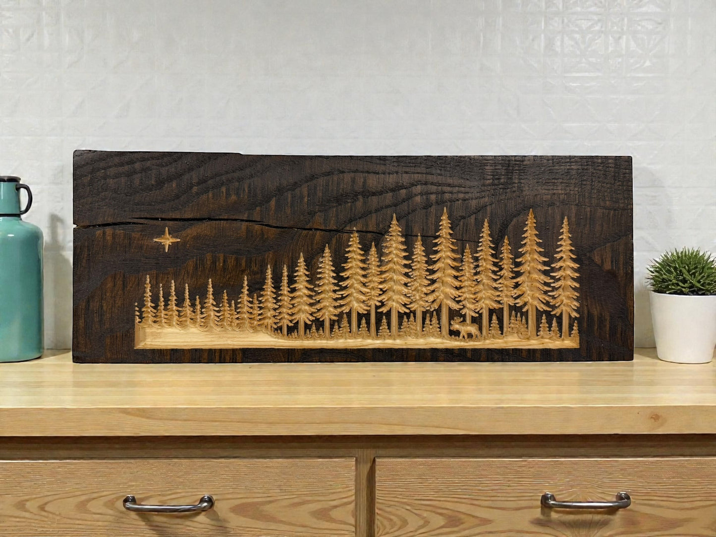 Silent Shore Pines — Live Edge Forest Shelf Art with Hidden Moose
