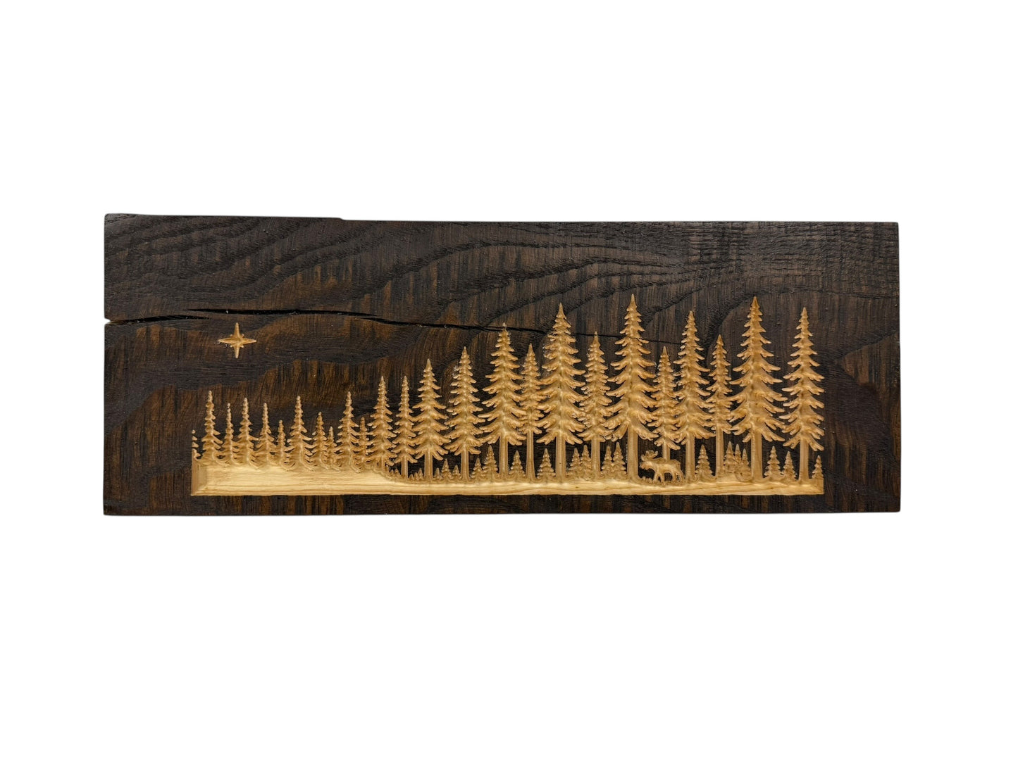 Silent Shore Pines — Live Edge Forest Shelf Art with Hidden Moose