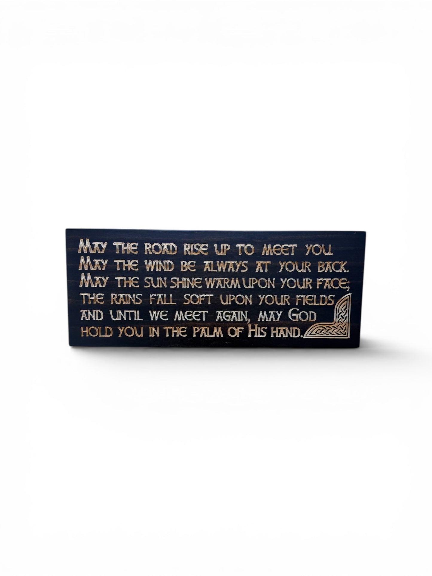 Carved wooden Irish blessing sign with Kona stained background and natural wood lettering, featuring Celtic corner detail, rustic wall decor