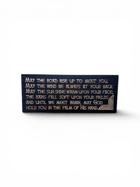 Carved wooden Irish blessing sign with Kona stained background and natural wood lettering, featuring Celtic corner detail, rustic wall decor