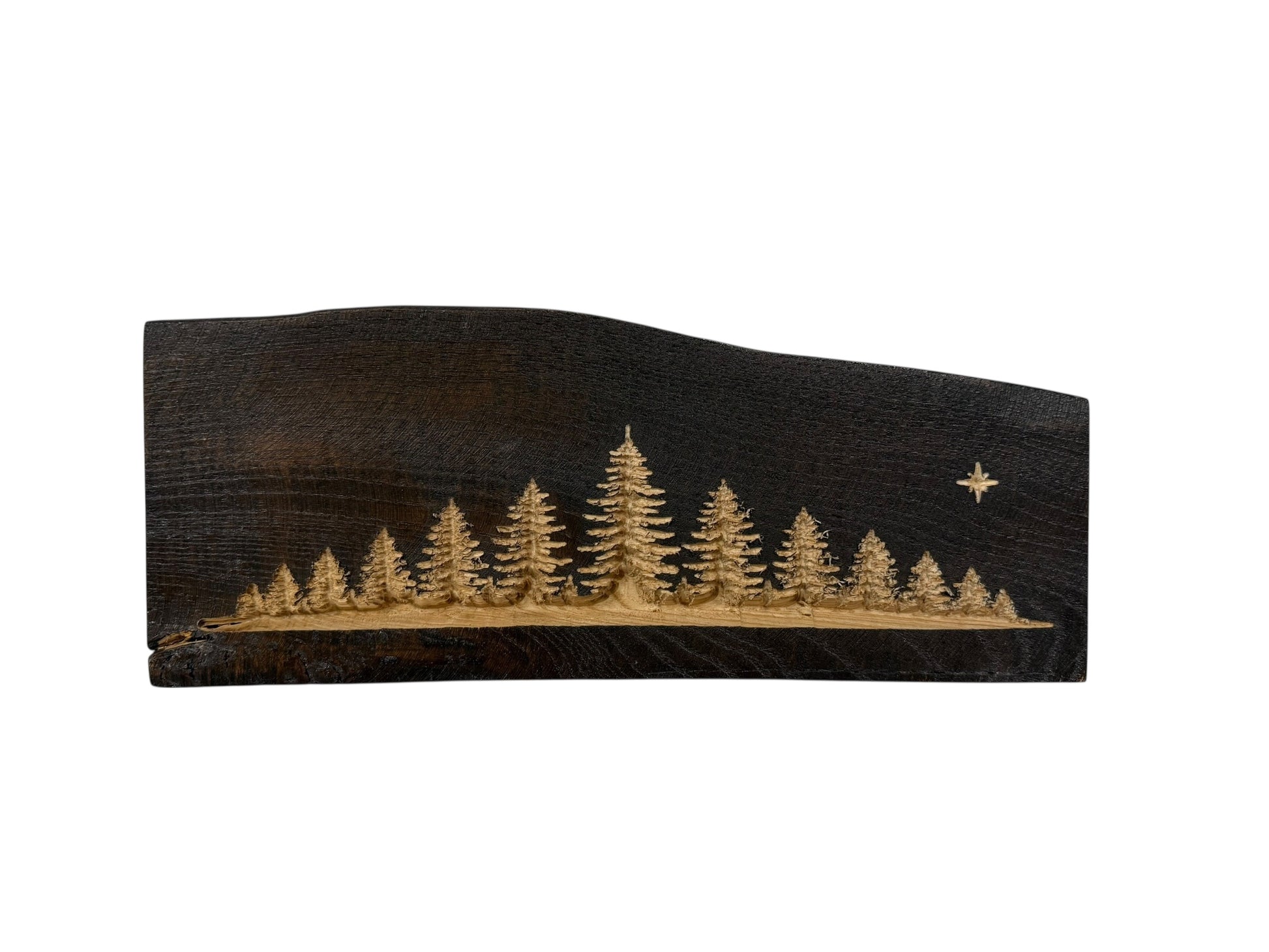 Midnight Pines live edge wood shelf art with carved forest trees by CARVEDN