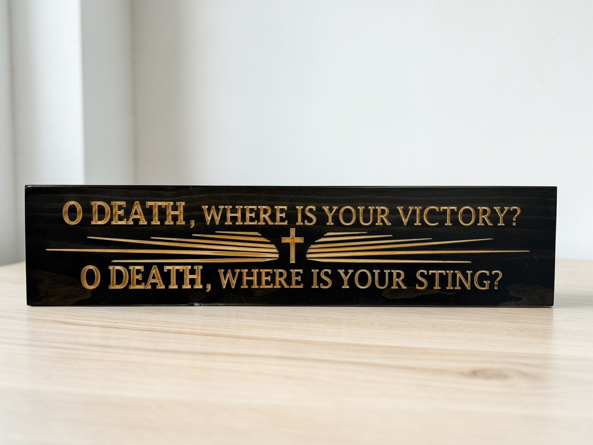 5x24 O Death Where Is Your Victory carved wood sign in black and natural finish by CARVEDN