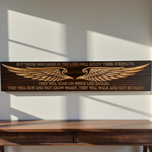 Rustic Christian wall art Isaiah 40:31 eagle wings wood sign displayed in home