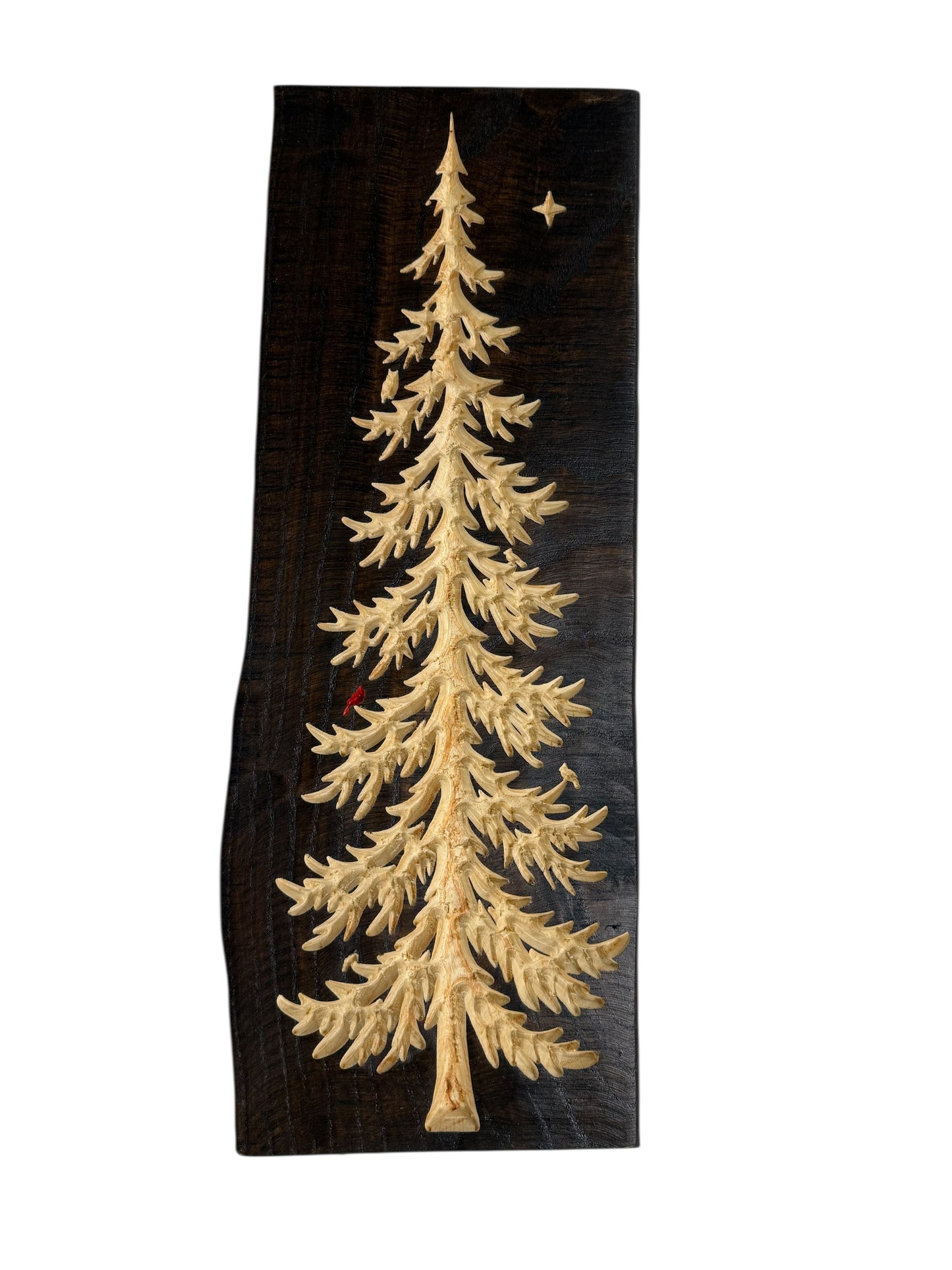 Frostpine Tree with Star | Pine-Inspired Design | Optional Red Cardinal | Live Edge Wood Art by CARVEDN