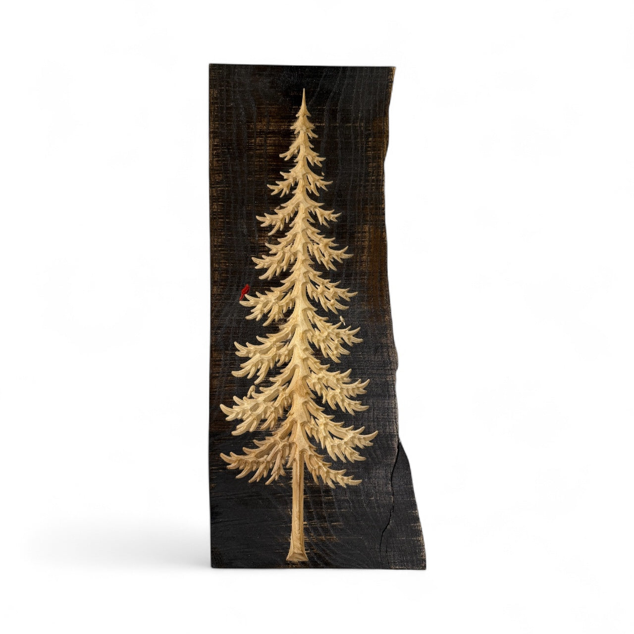 Frostpine Tree with Star | Pine-Inspired Design | Optional Red Cardinal | Live Edge Wood Art by CARVEDN