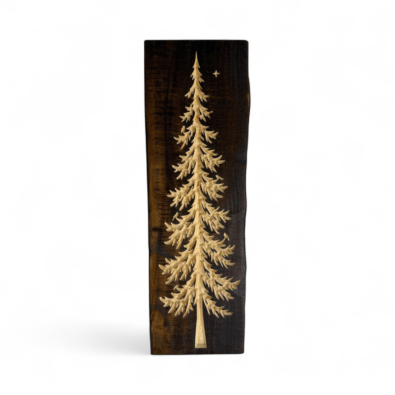 Frostpine Tree with Star | Pine-Inspired Design | Optional Red Cardinal | Live Edge Wood Art by CARVEDN