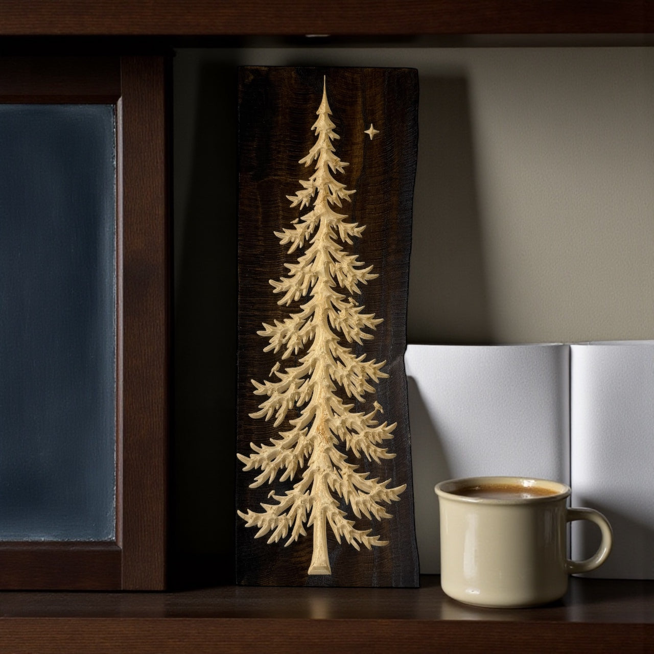 Frostpine Tree with Star | Pine-Inspired Design | Optional Red Cardinal | Live Edge Wood Art by CARVEDN