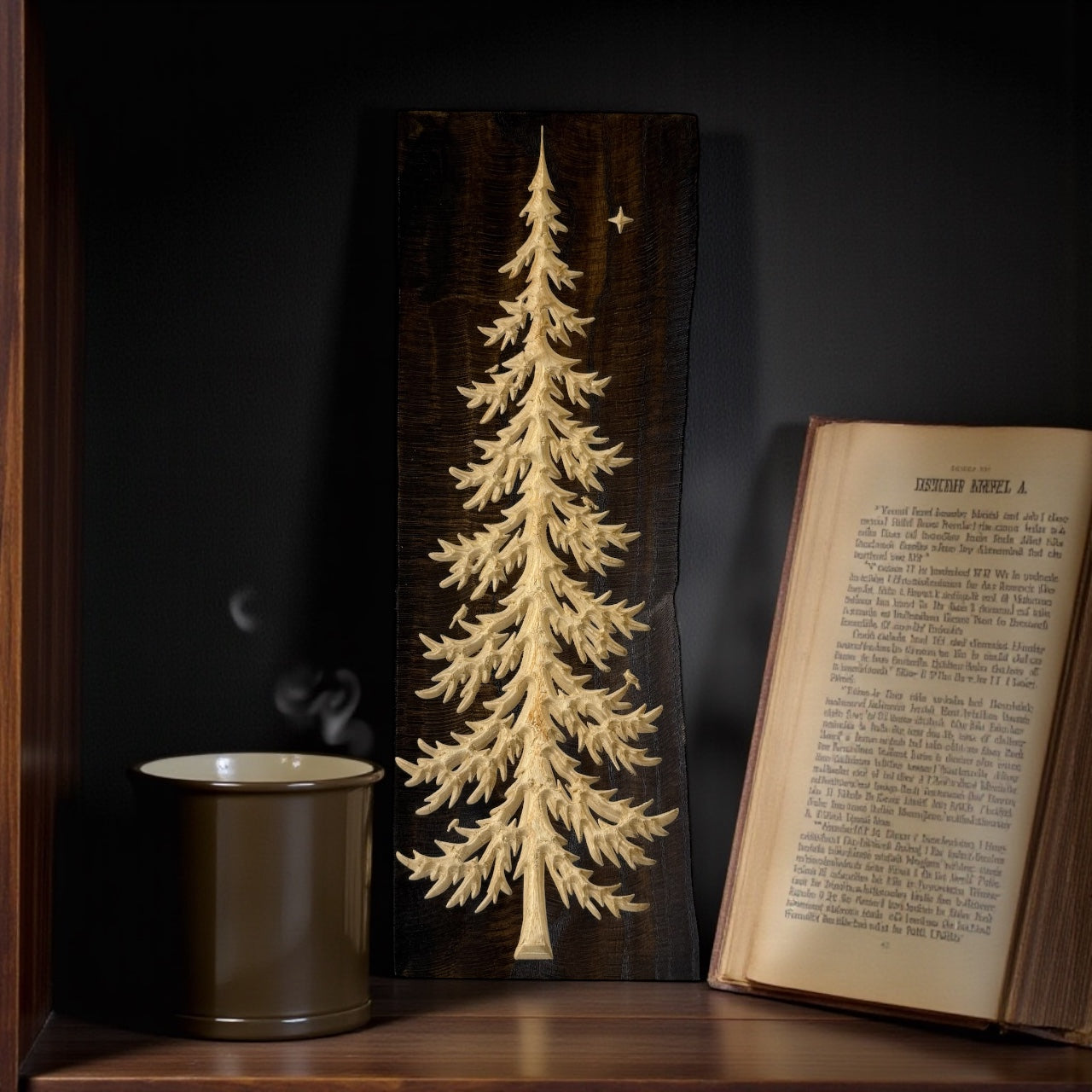 Frostpine Tree with Star | Pine-Inspired Design | Optional Red Cardinal | Live Edge Wood Art by CARVEDN