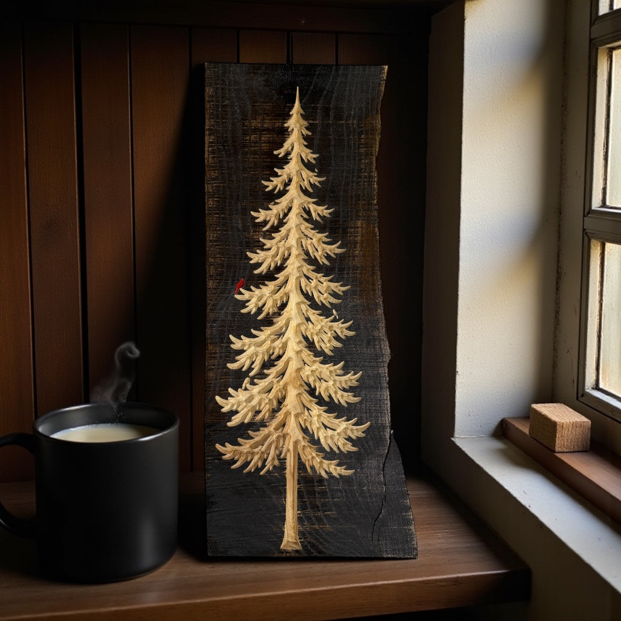 Frostpine Tree with Star | Pine-Inspired Design | Optional Red Cardinal | Live Edge Wood Art by CARVEDN