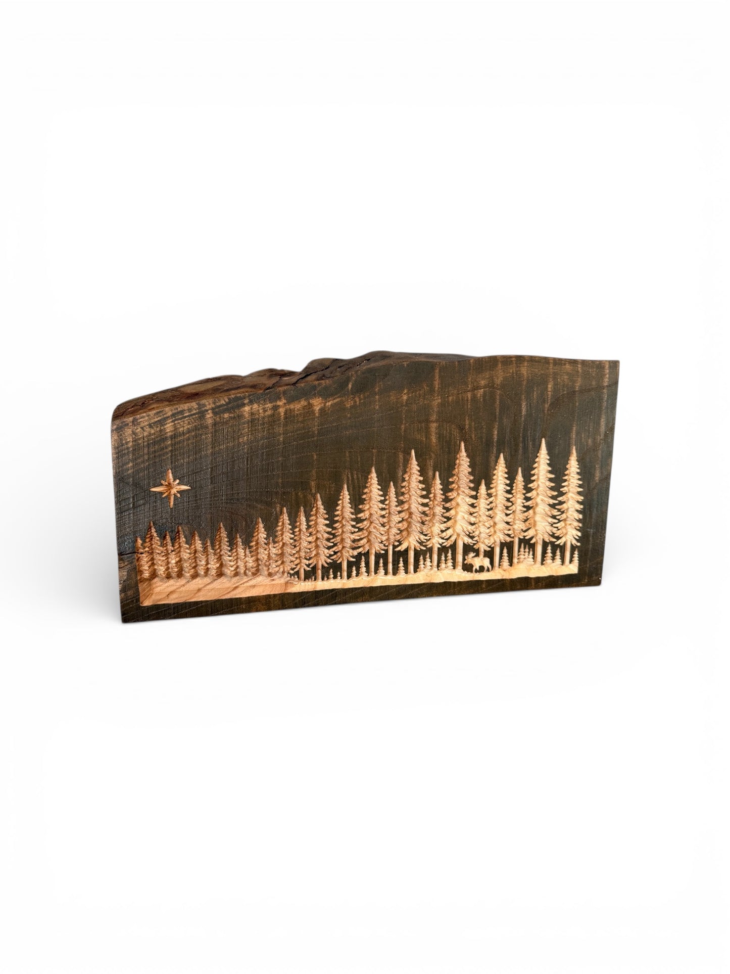 Silent Shore Pines — Live Edge Forest Shelf Art with Hidden Moose