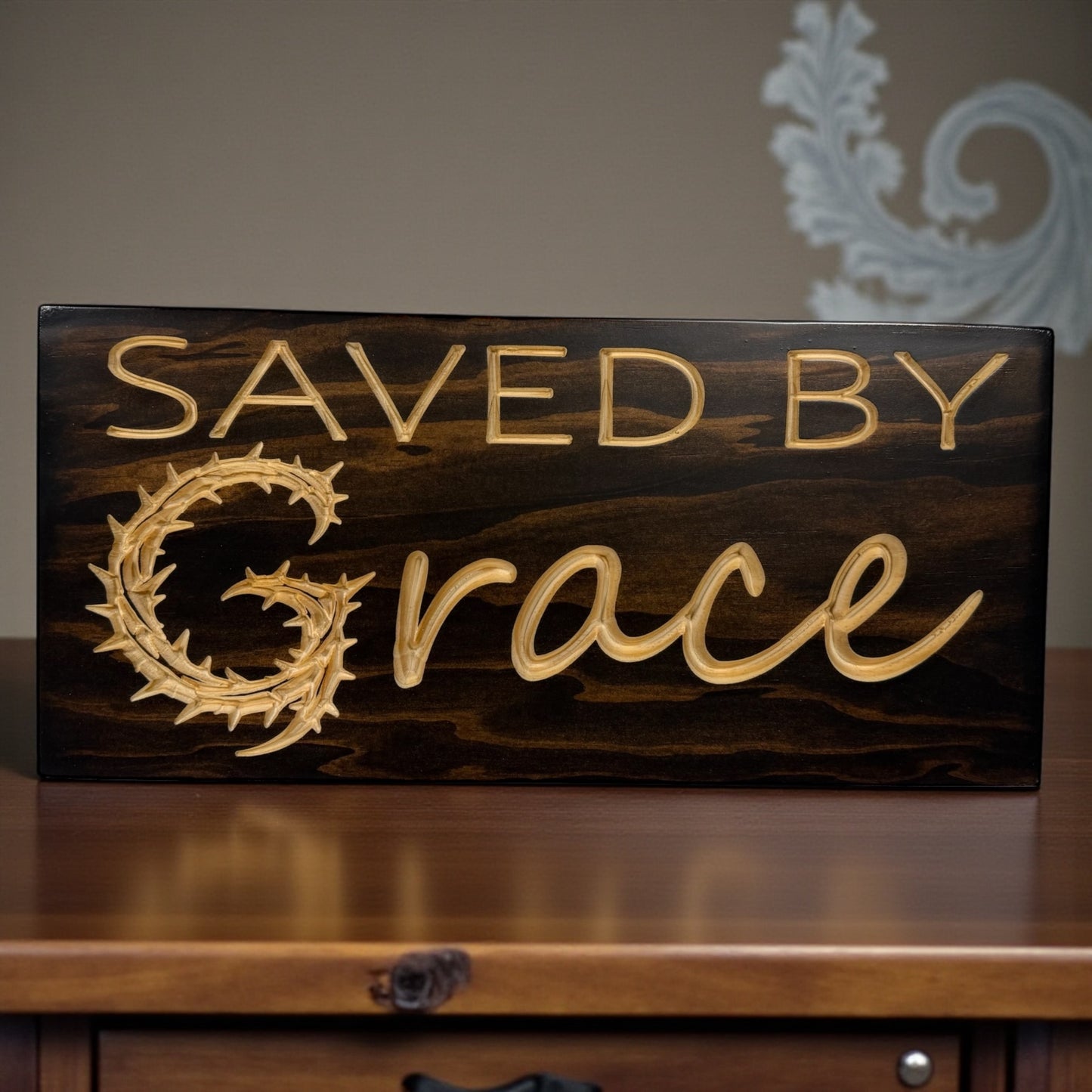 Saved by Grace Wood Sign – Crown of Thorns Design