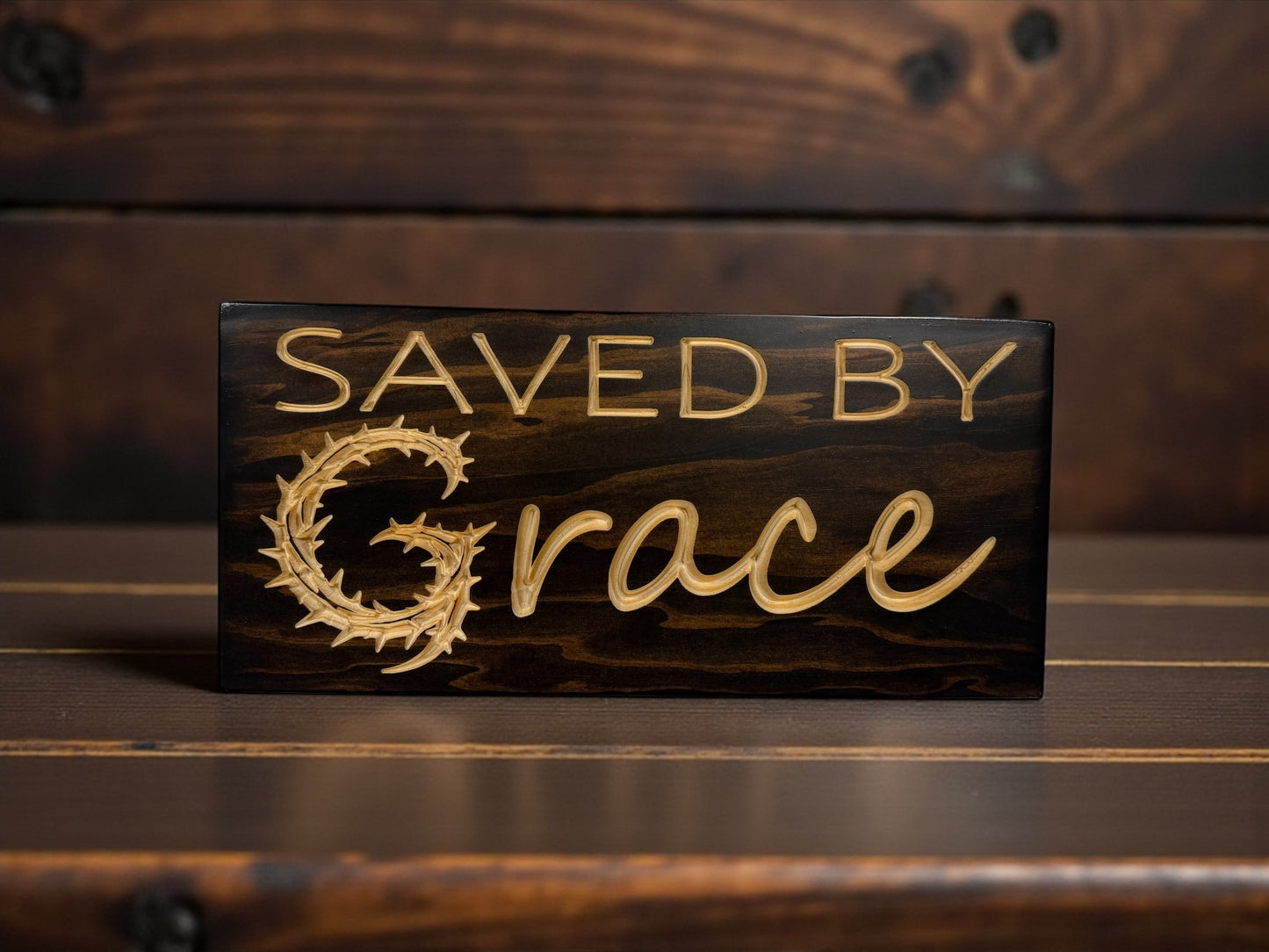 Saved by Grace Wood Sign – Crown of Thorns Design