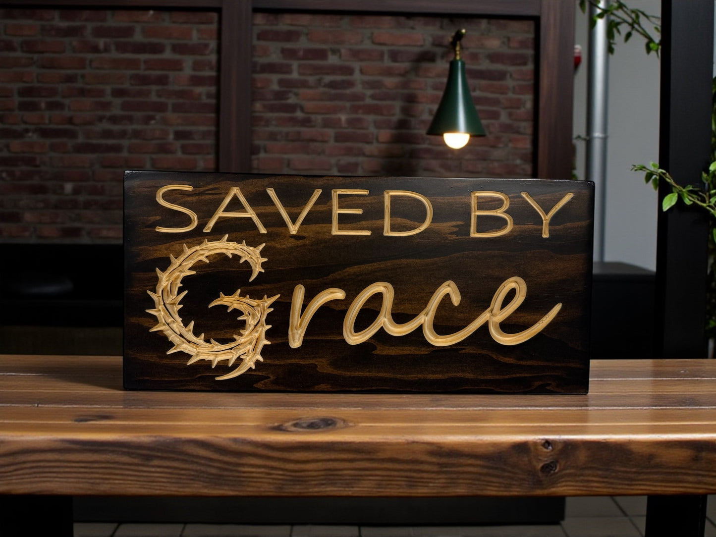 Saved by Grace Wood Sign – Crown of Thorns Design