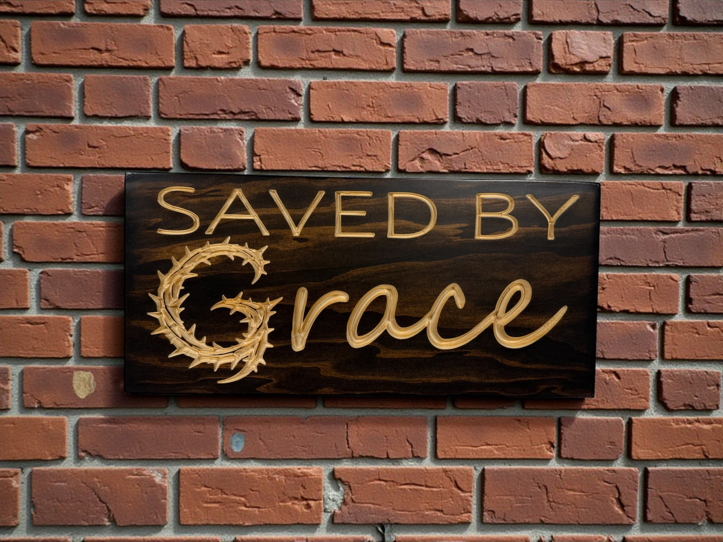 Saved by Grace Wood Sign – Crown of Thorns Design