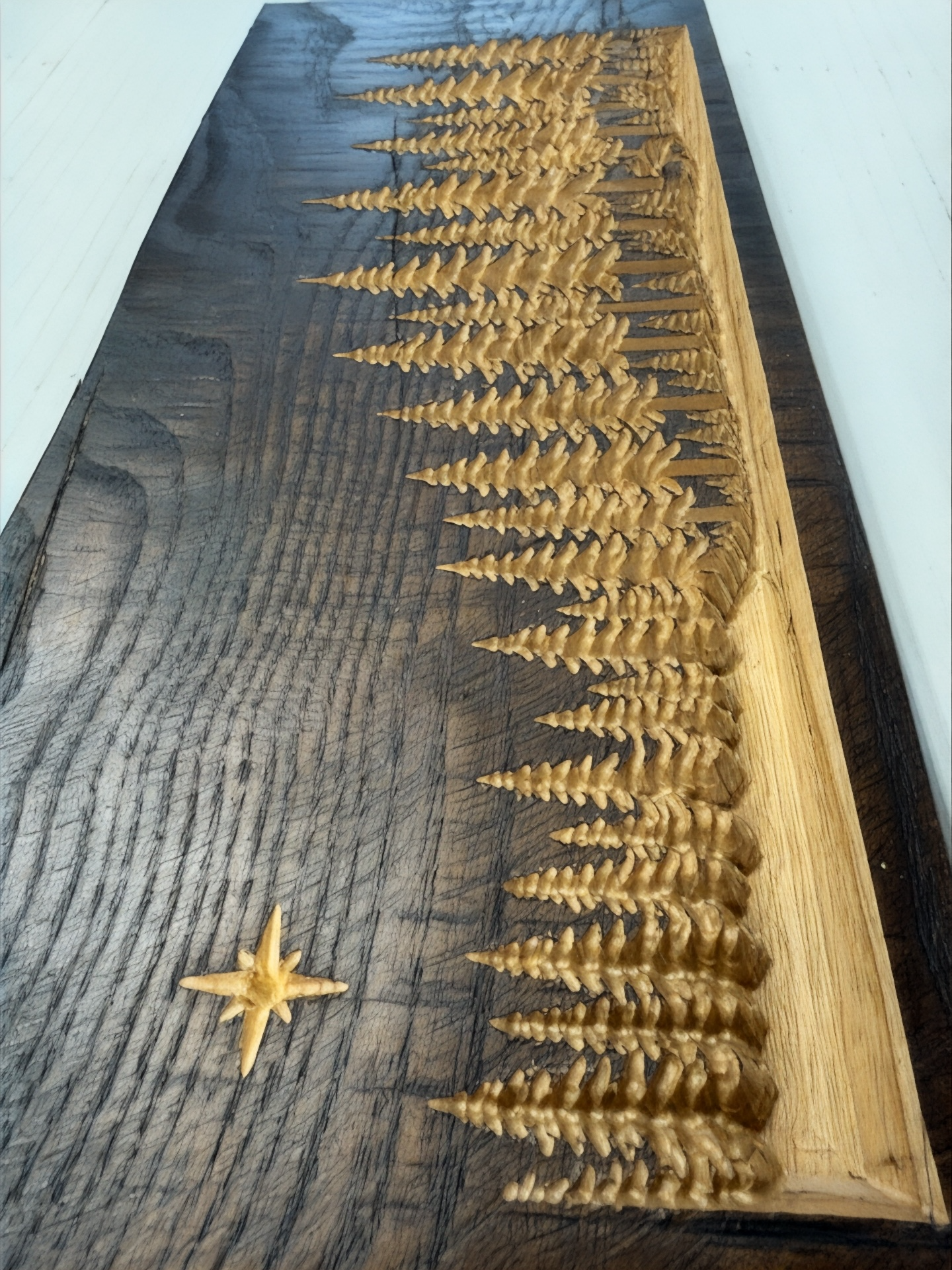 Silent Shore Pines — Live Edge Forest Shelf Art with Hidden Moose