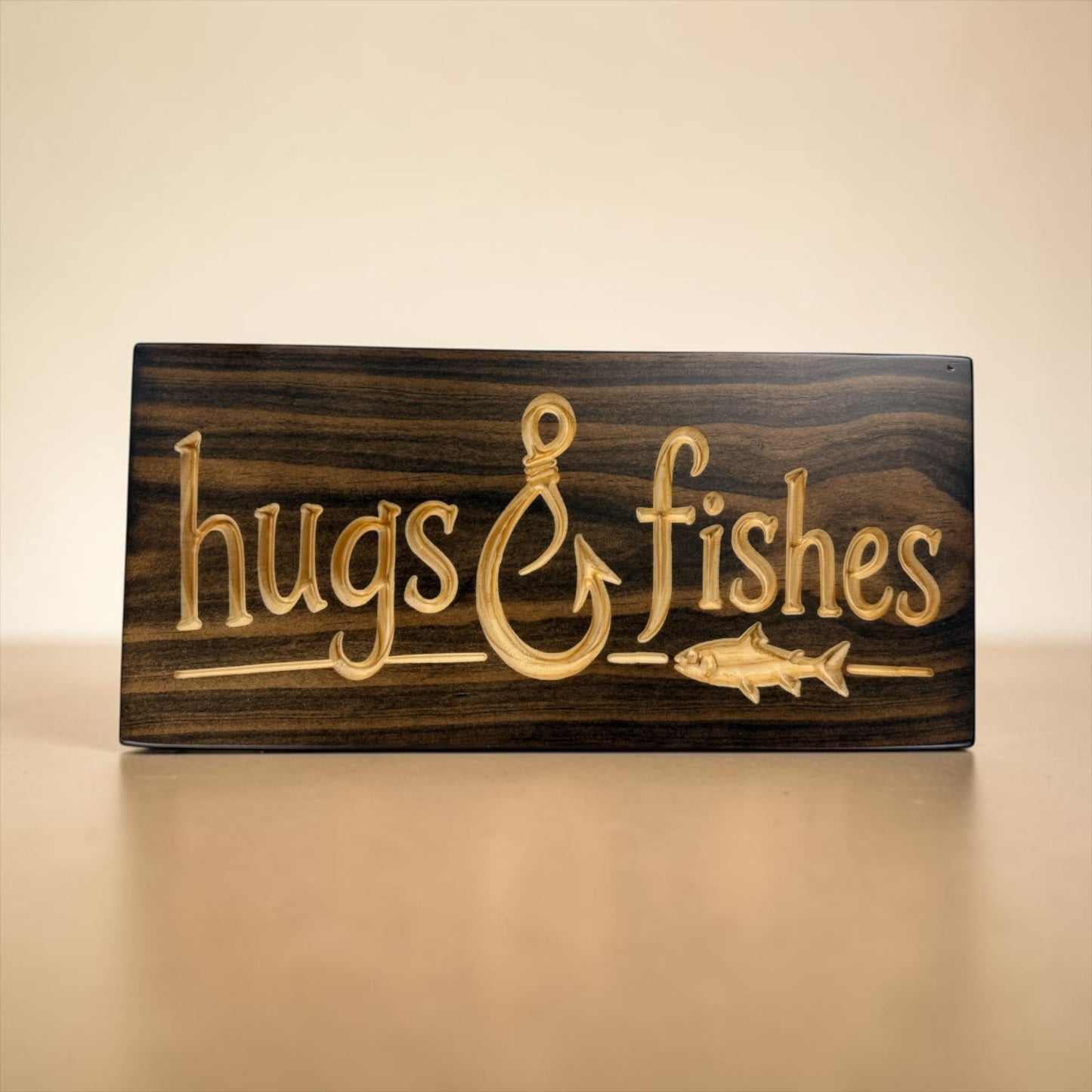 Hugs & Fishes Wood Sign | Funny Fishing Cabin Decor | 7" x 15.5"