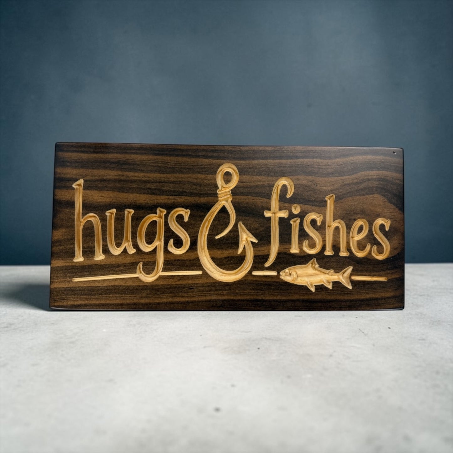 Hugs & Fishes Wood Sign | Funny Fishing Cabin Decor | 7" x 15.5"