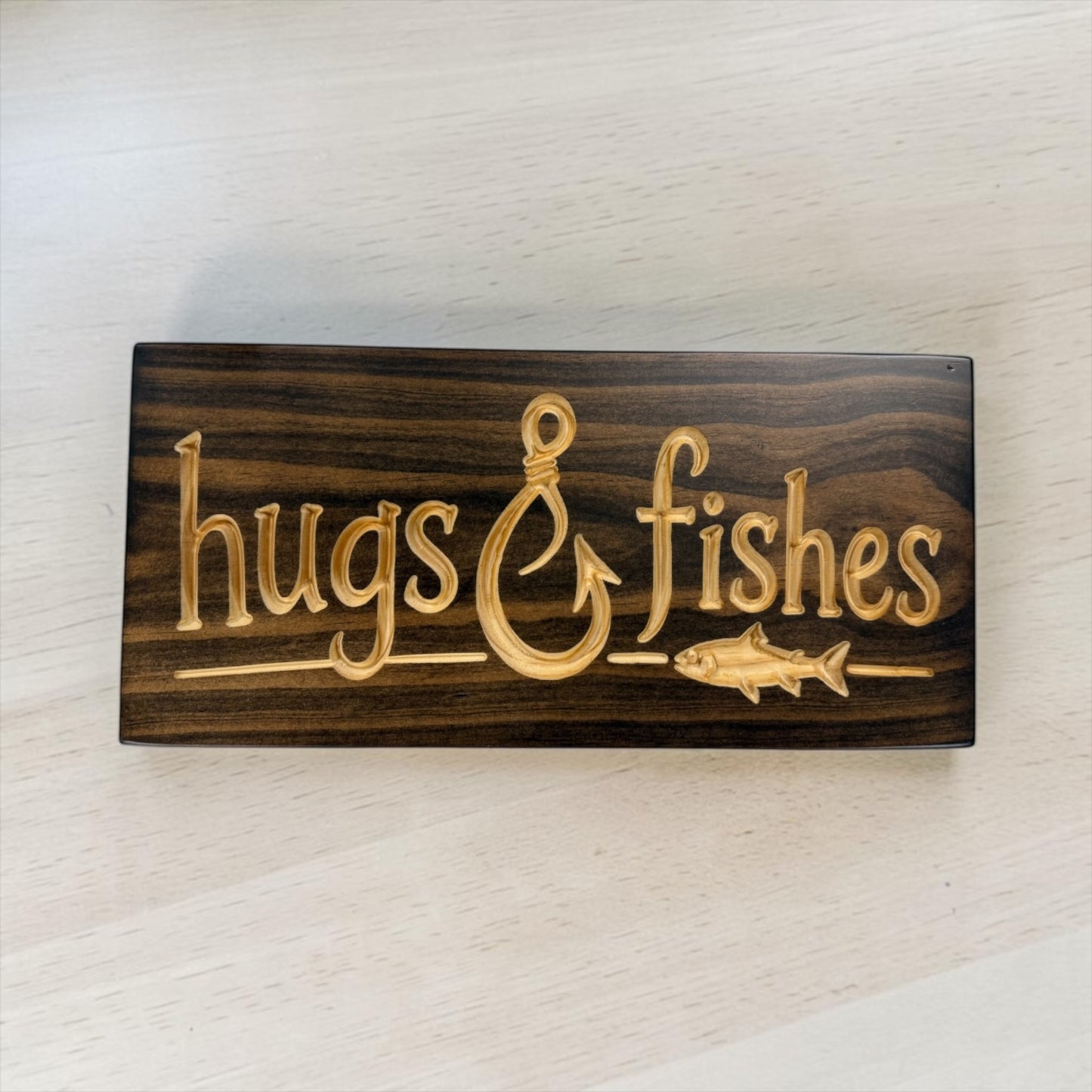 Hugs & Fishes Wood Sign | Funny Fishing Cabin Decor | 7" x 15.5"