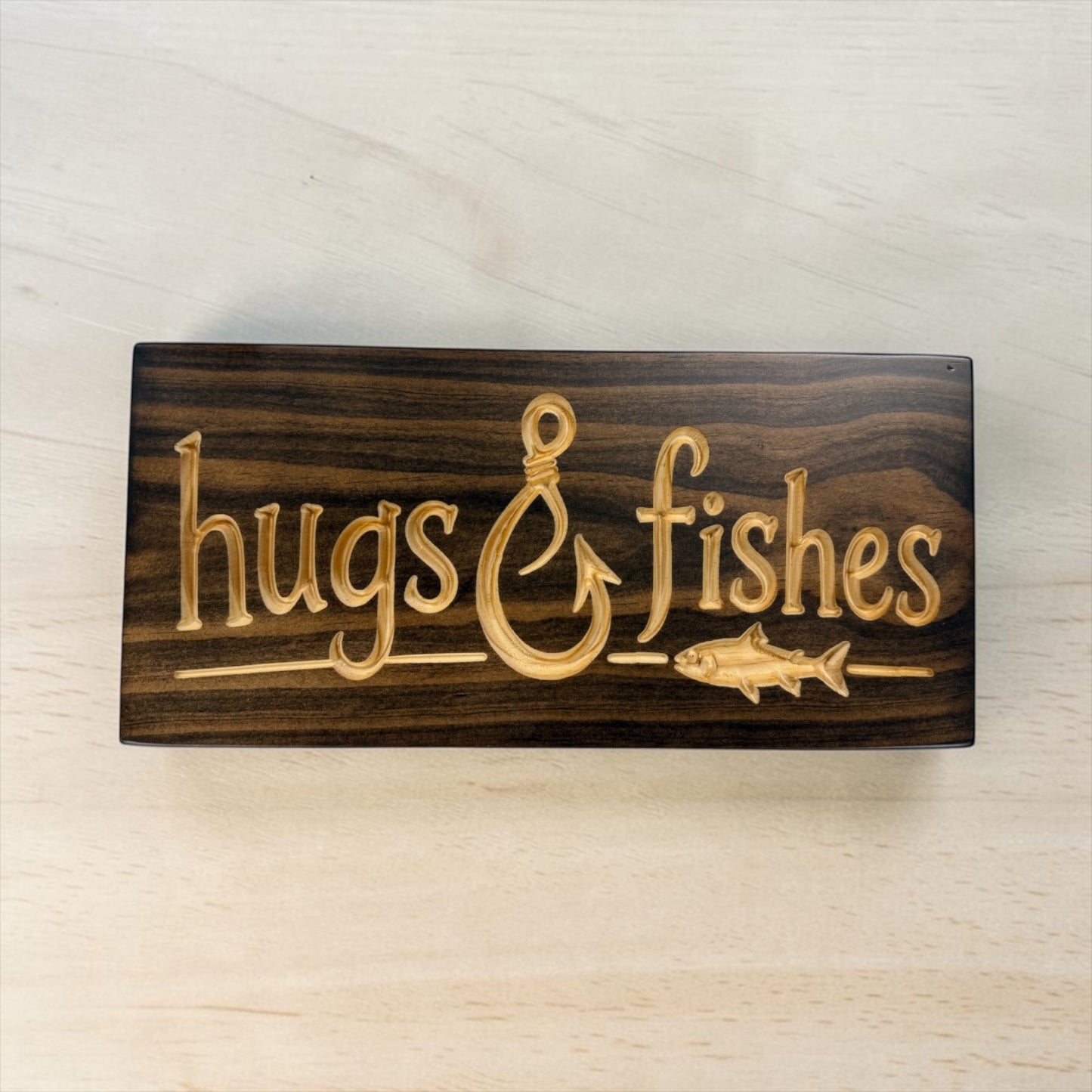 Hugs & Fishes Wood Sign | Funny Fishing Cabin Decor | 7" x 15.5"