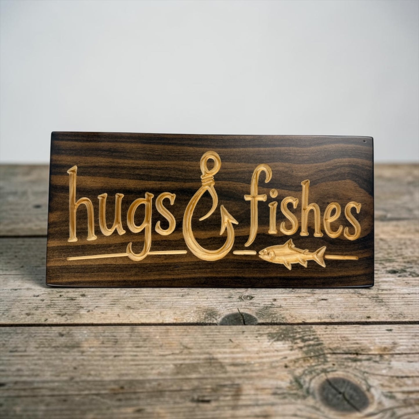 Hugs & Fishes Wood Sign | Funny Fishing Cabin Decor | 7" x 15.5"