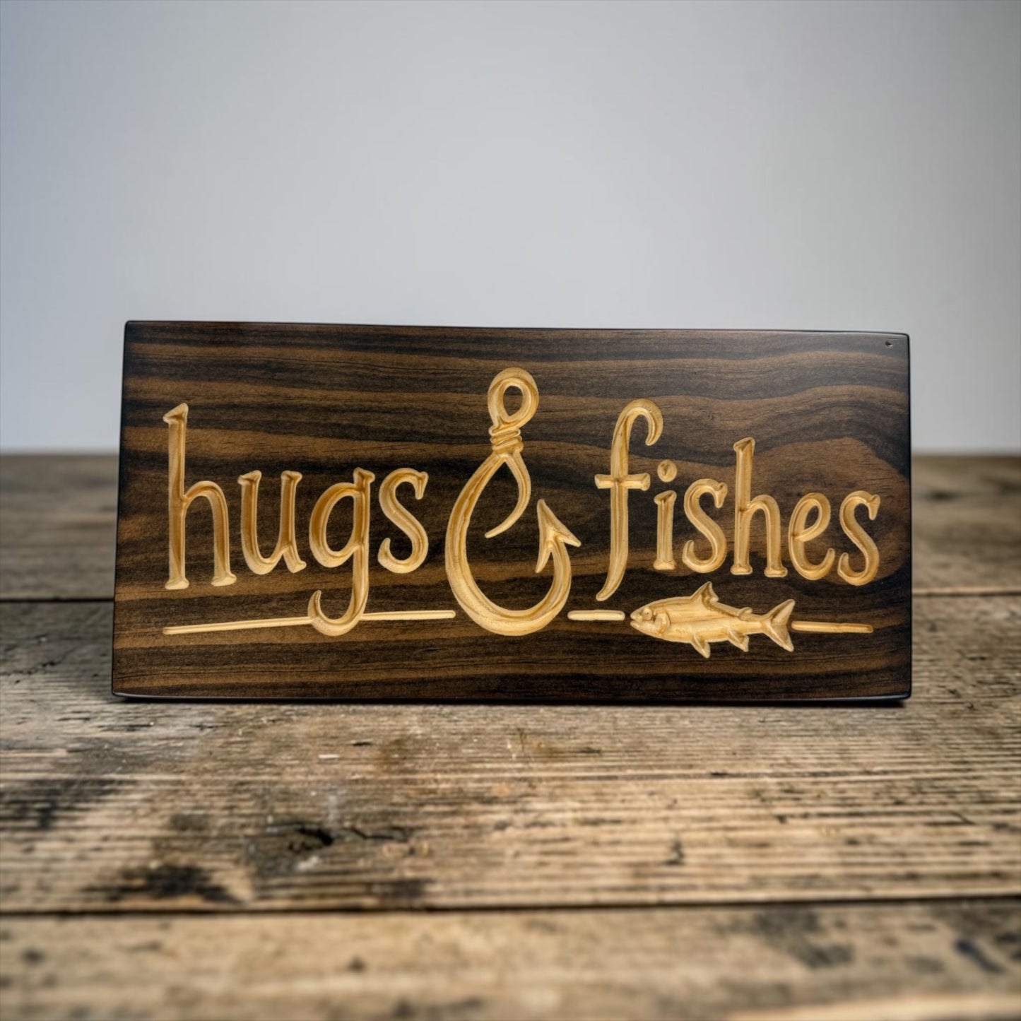 Hugs & Fishes Wood Sign | Funny Fishing Cabin Decor | 7" x 15.5"
