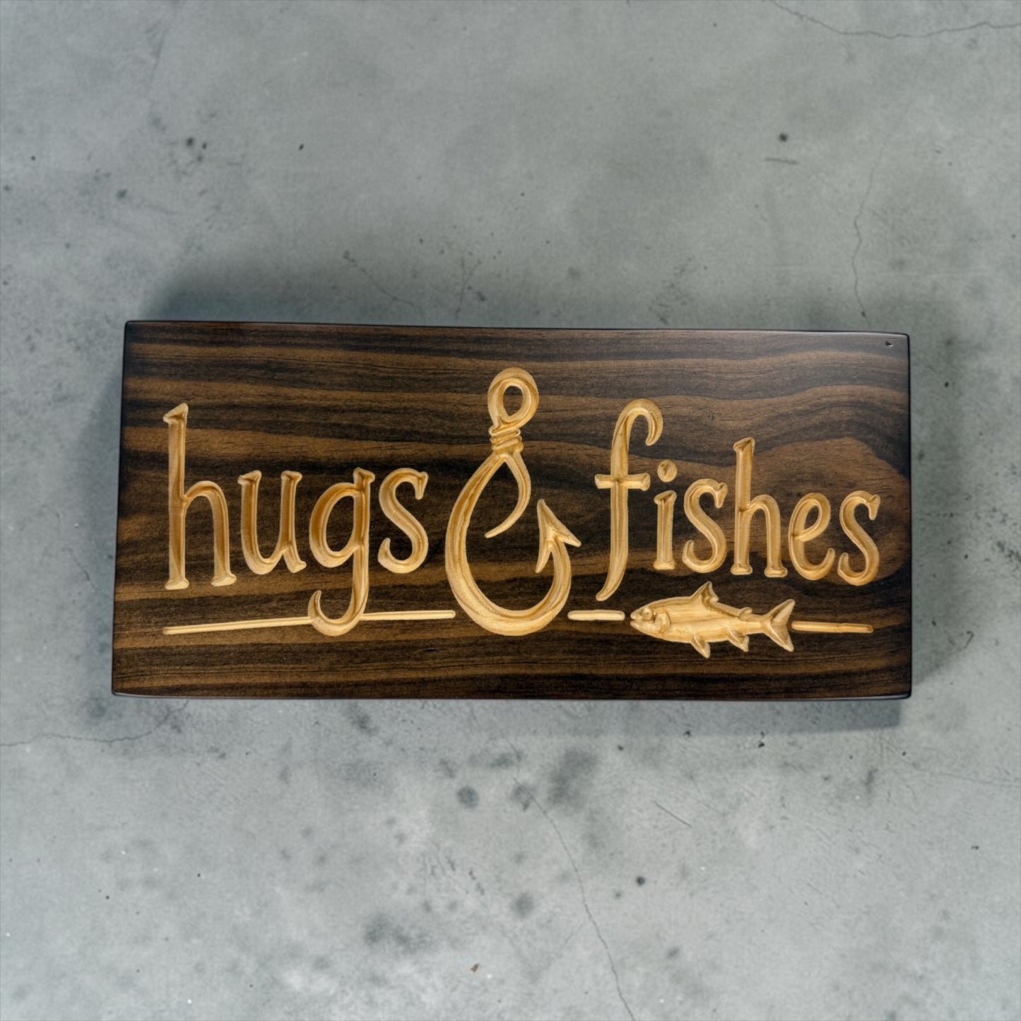 Hugs & Fishes Wood Sign | Funny Fishing Cabin Decor | 7" x 15.5"