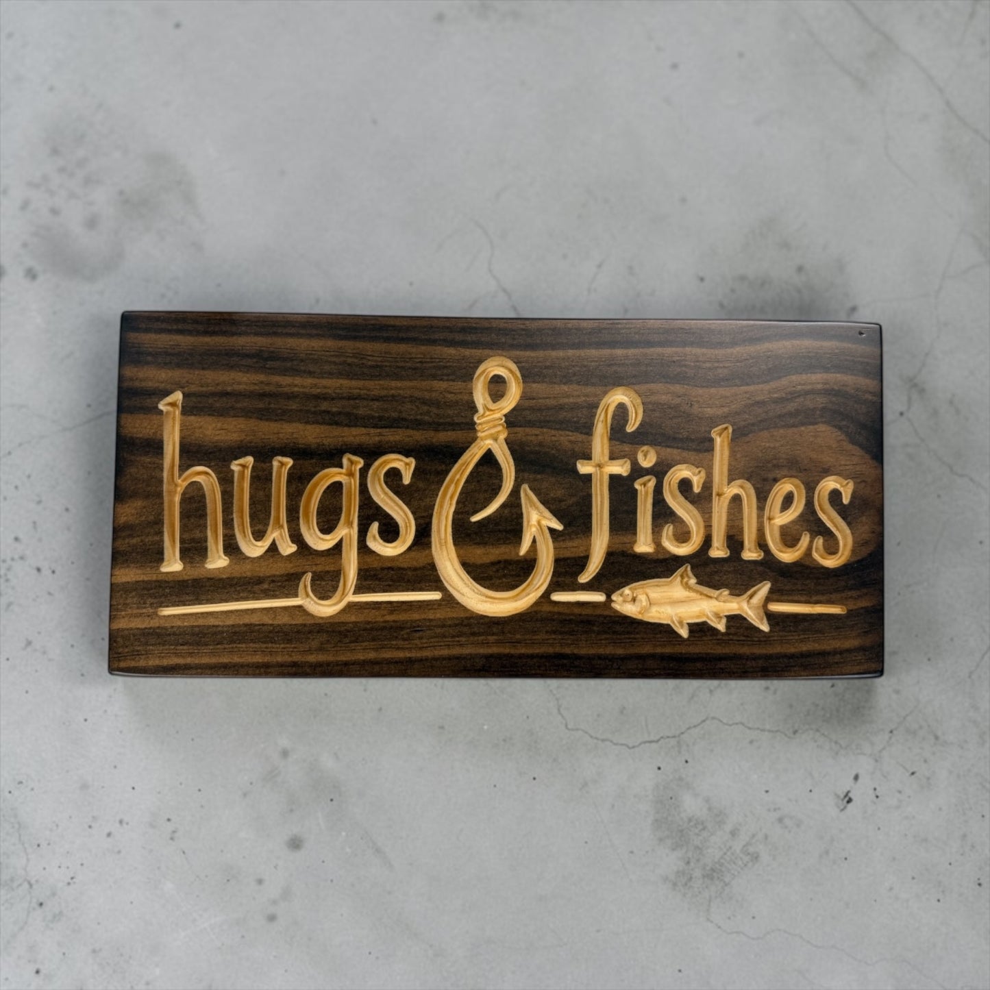 Hugs & Fishes Wood Sign | Funny Fishing Cabin Decor | 7" x 15.5"
