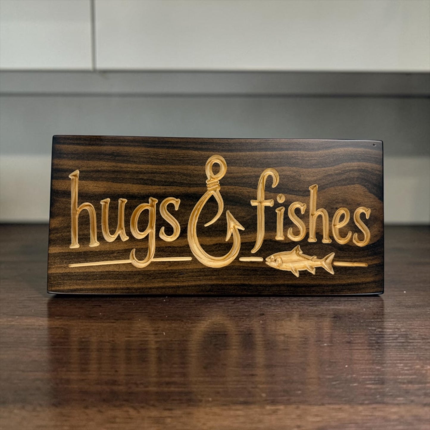 Hugs & Fishes Wood Sign | Funny Fishing Cabin Decor | 7" x 15.5"