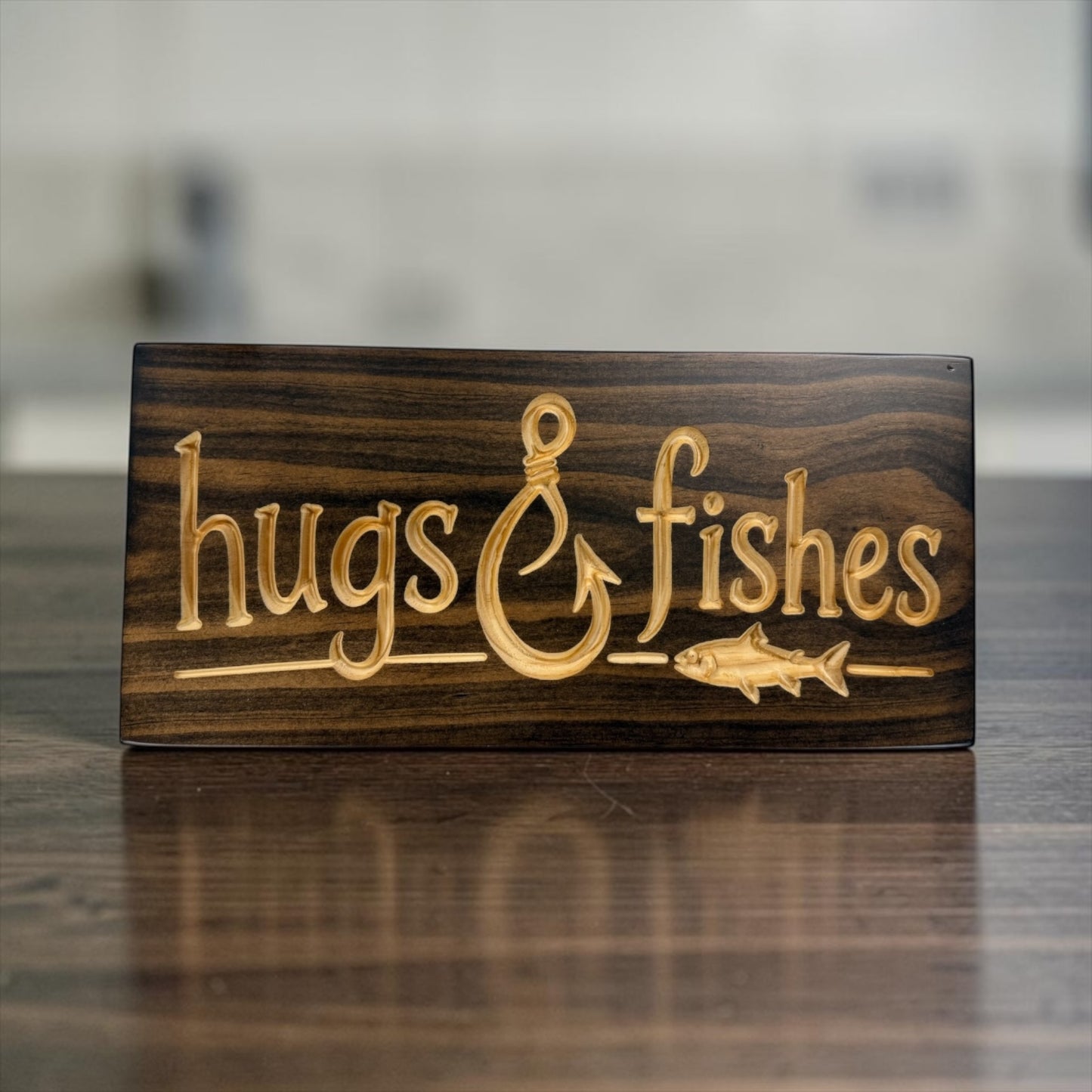 Hugs & Fishes Wood Sign | Funny Fishing Cabin Decor | 7" x 15.5"