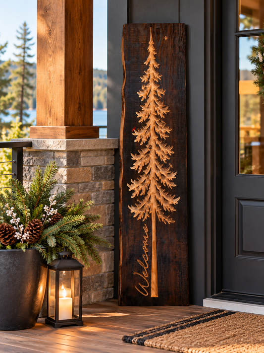 Frost Pine live edge wood welcome sign featuring a carved evergreen tree with hidden birds, a red cardinal, and a star, displayed on a rustic cabin porch beside a black front door, stone column, and greenery-filled planter.
