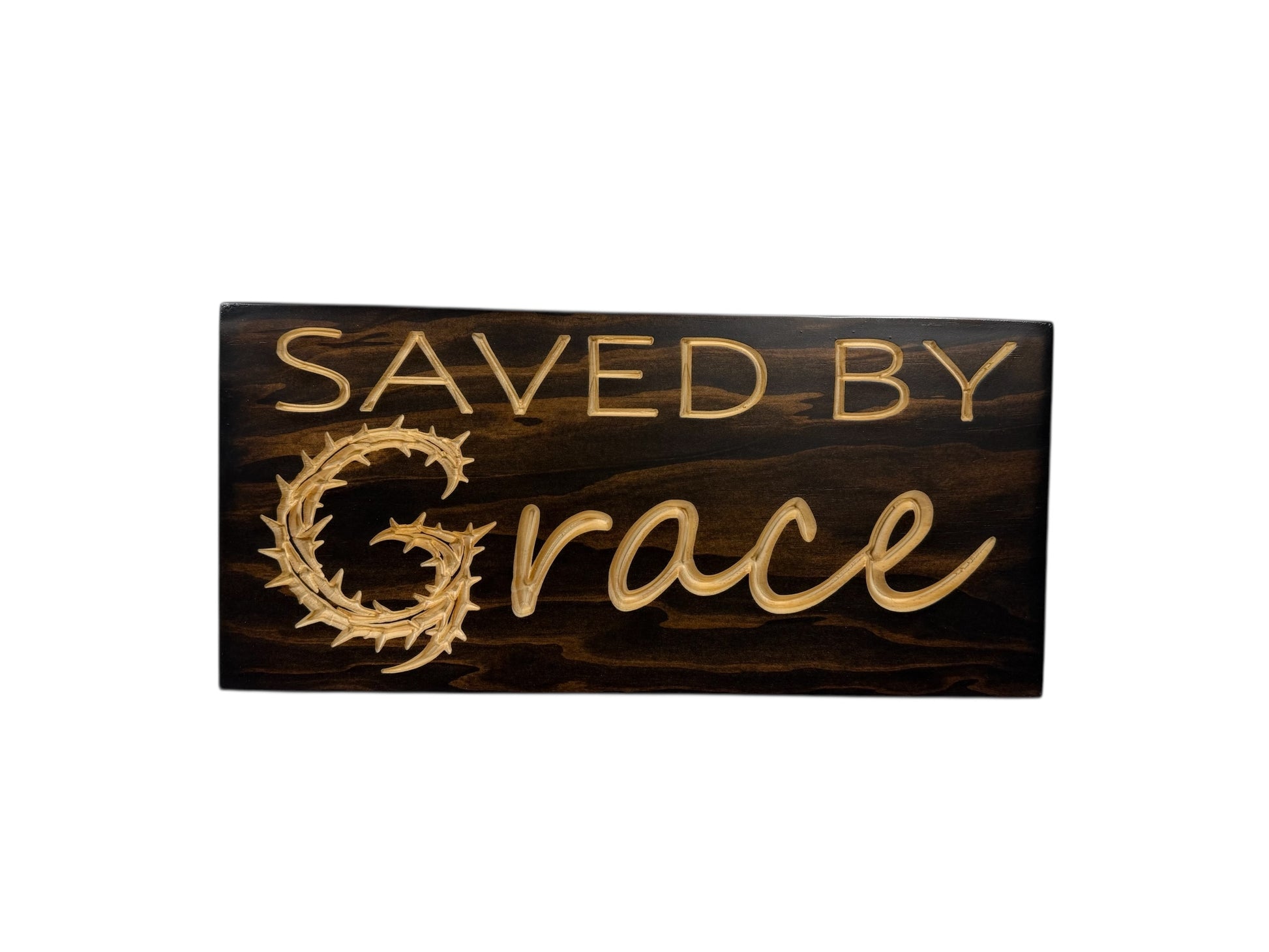 Handcrafted Saved by Grace wood sign featuring crown of thorns G, finished in Kona stain with natural carving, Christian wall decor
