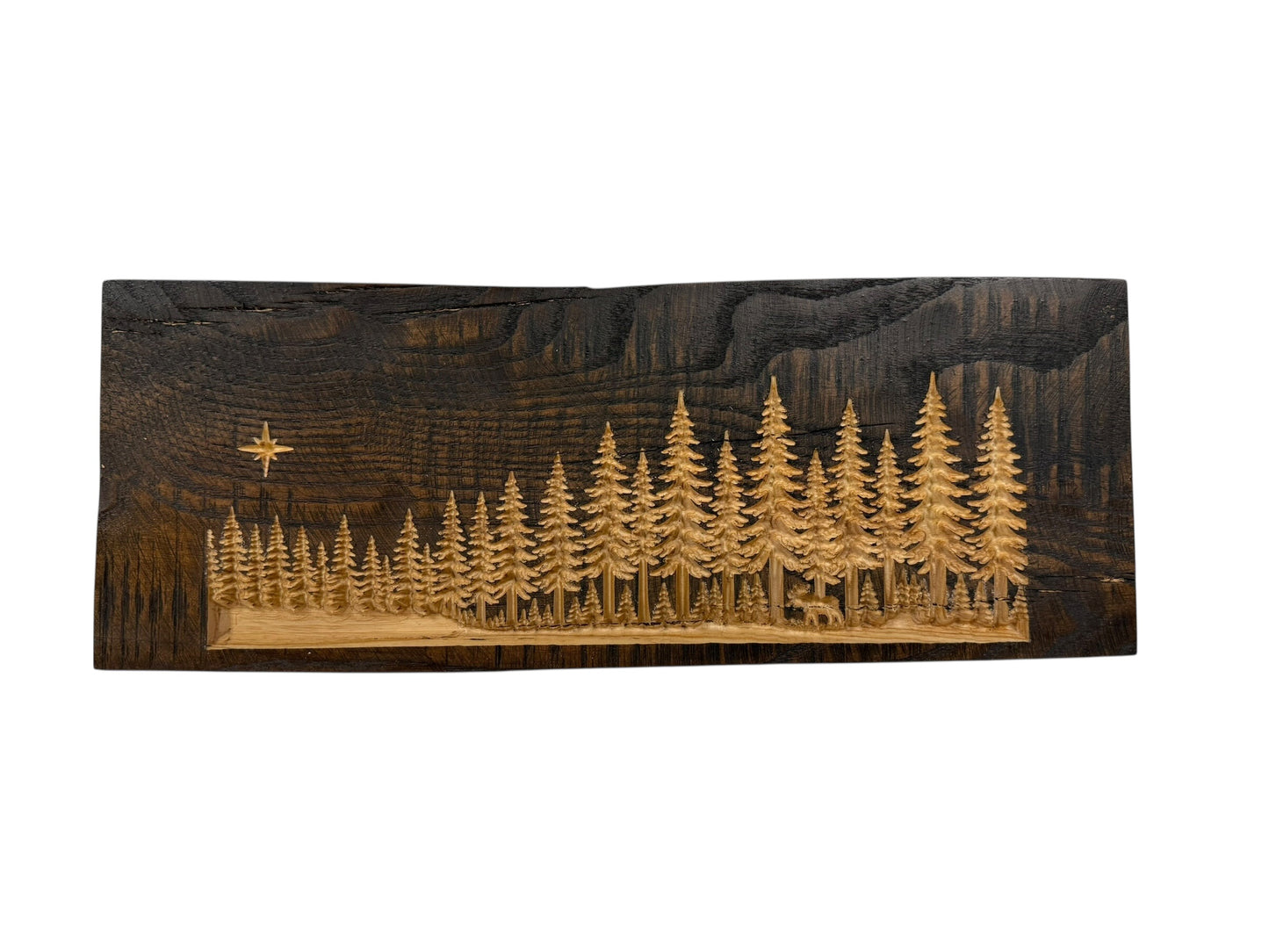 Silent Shore Pines live edge wood shelf art with carved forest and hidden moose by CARVEDN