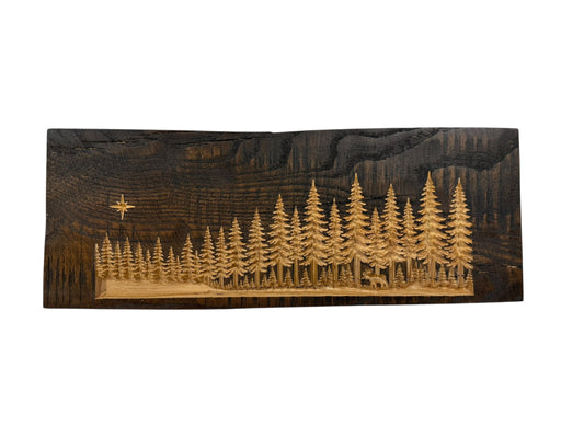 Silent Shore Pines live edge wood shelf art with carved forest and hidden moose by CARVEDN
